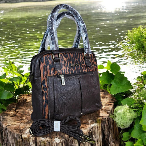 COFFEE BROWN PU Leather Cotton Road Handbag with LEOPARD PRINT