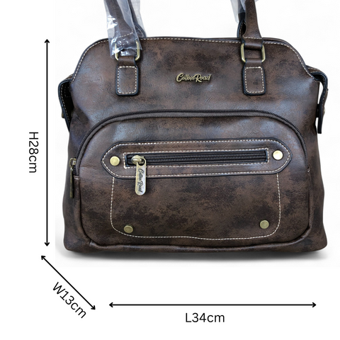 COFFEE BROWN PU Leather Cotton Road Handbag with STUDDS