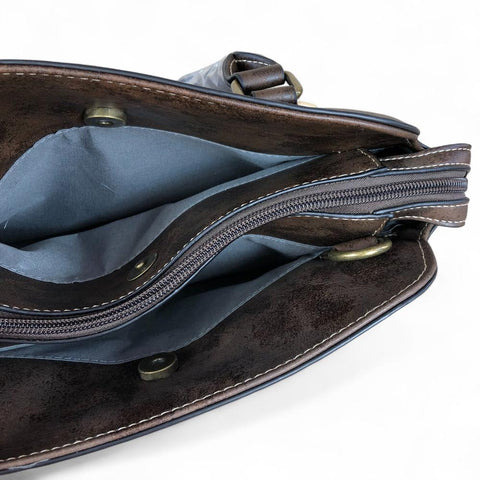 COFFEE BROWN PU Leather Cotton Road Handbag with STUDDS