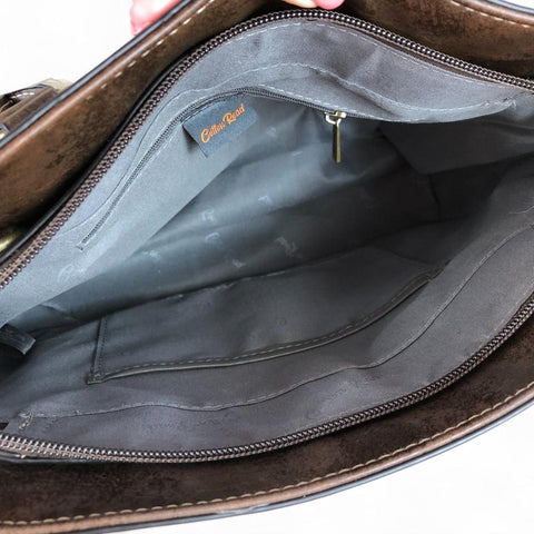 COFFEE BROWN PU Leather Cotton Road Handbag with STUDDS