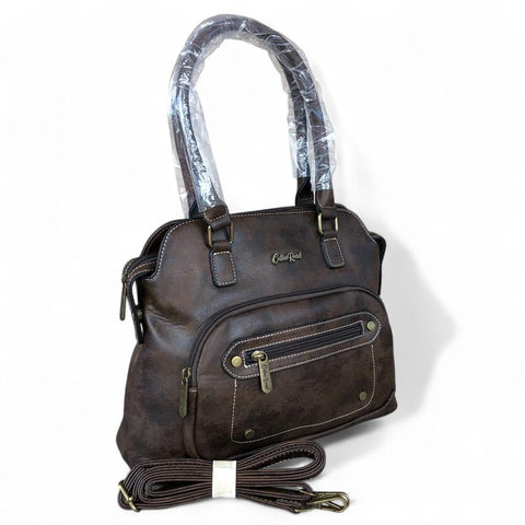 COFFEE BROWN PU Leather Cotton Road Handbag with STUDDS