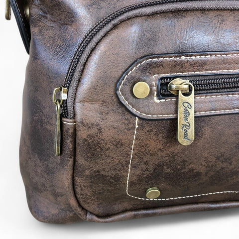 COFFEE BROWN PU Leather Cotton Road Handbag with STUDDS
