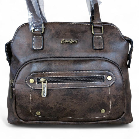 COFFEE BROWN PU Leather Cotton Road Handbag with STUDDS
