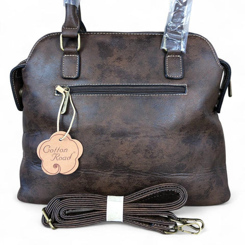 COFFEE BROWN PU Leather Cotton Road Handbag with STUDDS