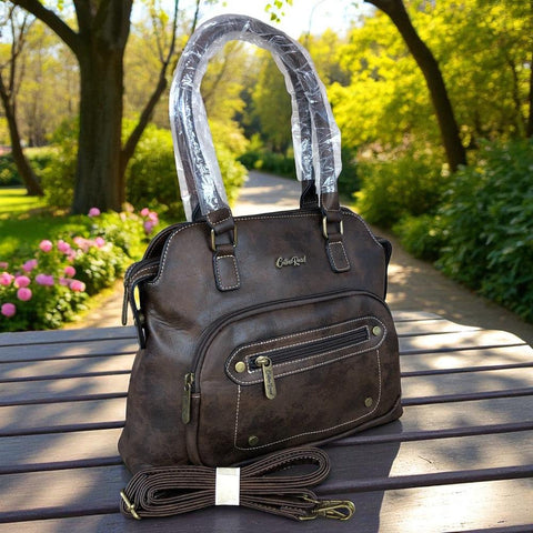 COFFEE BROWN PU Leather Cotton Road Handbag with STUDDS