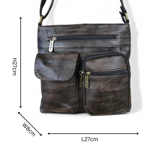 COFFEE BROWN PU Leather Cotton Road Sling Bag with Pockets