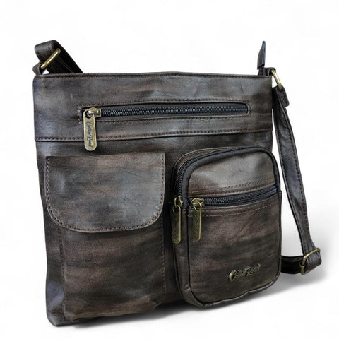 COFFEE BROWN PU Leather Cotton Road Sling Bag with Pockets