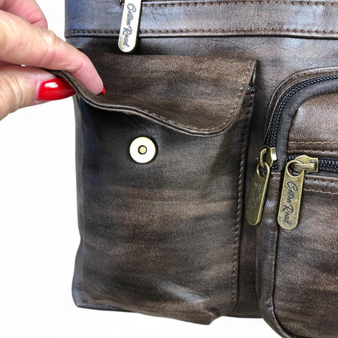 COFFEE BROWN PU Leather Cotton Road Sling Bag with Pockets