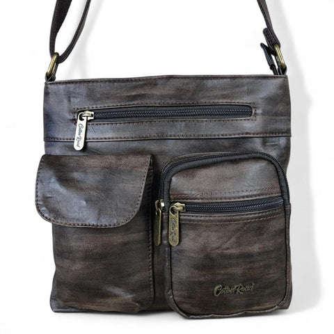 COFFEE BROWN PU Leather Cotton Road Sling Bag with Pockets