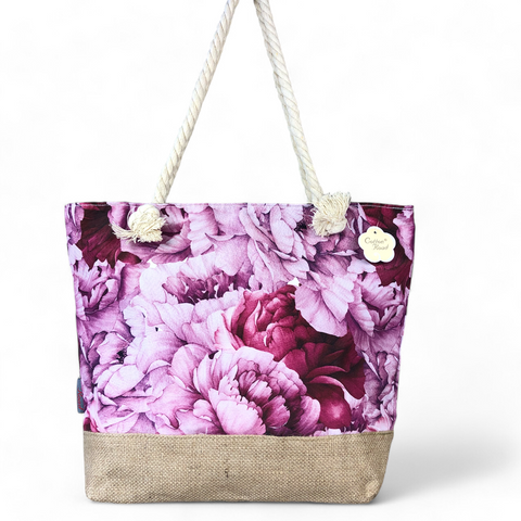Canvas PINK FLORAL Cotton Road Tote Bag with HESSIAN detailing