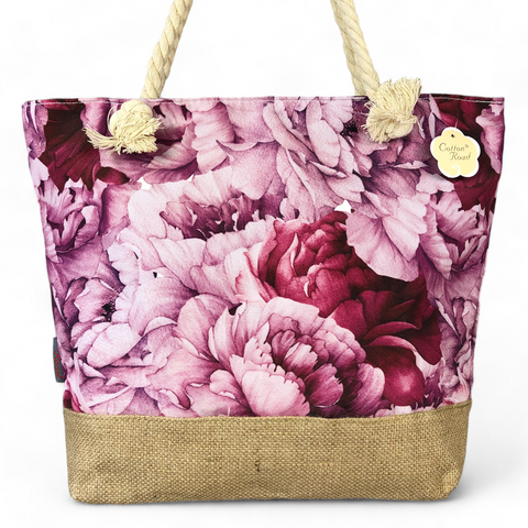 Canvas PINK FLORAL Cotton Road Tote Bag with HESSIAN detailing