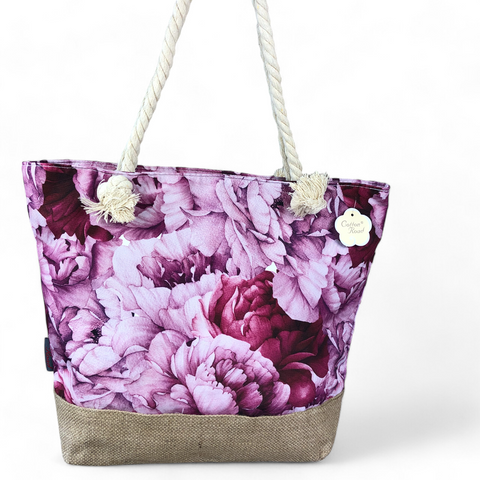 Canvas PINK FLORAL Cotton Road Tote Bag with HESSIAN detailing