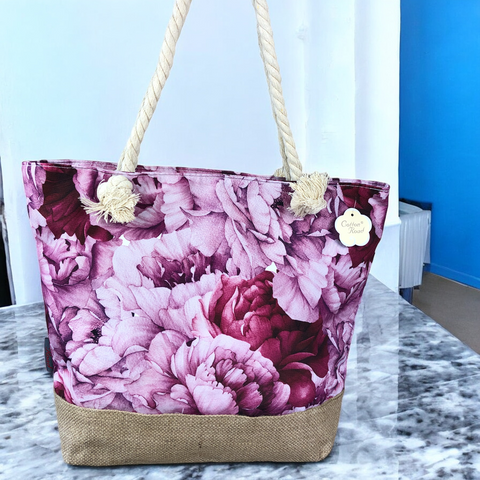 Canvas PINK FLORAL Cotton Road Tote Bag with HESSIAN detailing