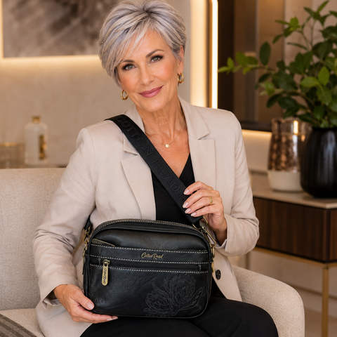 Cotton Road Sling Bag black PU leather crossbody with embroidered Protea design and branded strap