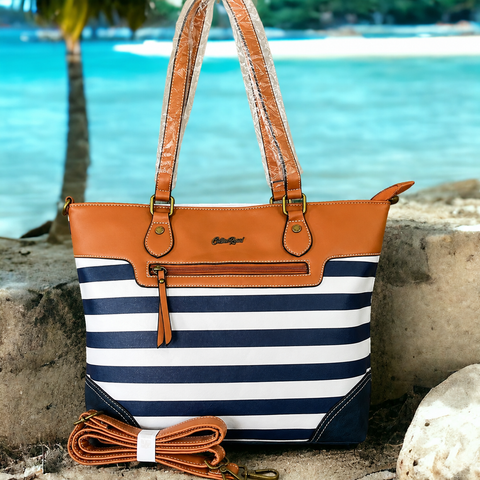 Cotton Road Handbag: NAVY BLUE and WHITE PVC with STRIPES and TAN Trim