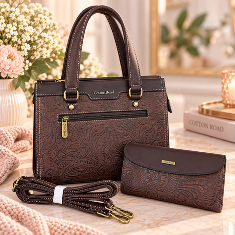 Cotton Road Handbag: COFFEE BROWN PU Leather with EMBOSSED Panel and Matching Wallet