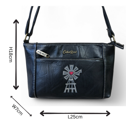 Cotton Road BLACK PU Leather Sling Bag with WINDMILL