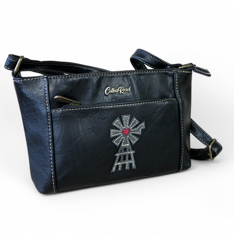 Cotton Road BLACK PU Leather Sling Bag with WINDMILL