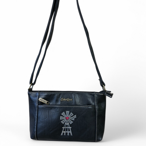 Cotton Road BLACK PU Leather Sling Bag with WINDMILL