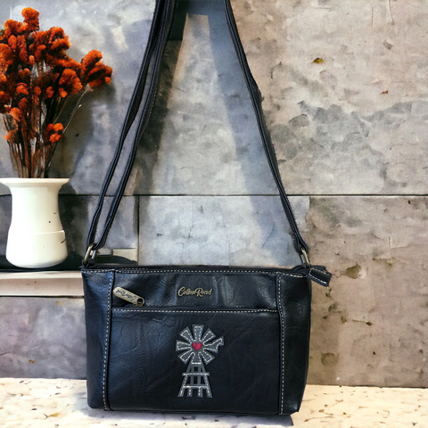 Cotton Road BLACK PU Leather Sling Bag with WINDMILL