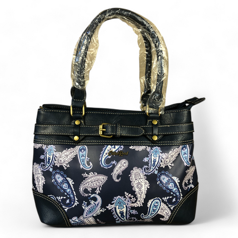 Cotton Road BLUE PAISLEY PU Leather Handbag with BUCKLE detailing
