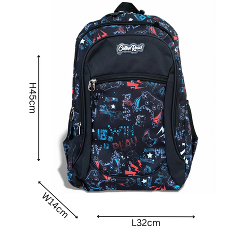 Cotton Road Backpack: BLACK Canvas Backpack and matching PENCIL CASE with GAMING Design