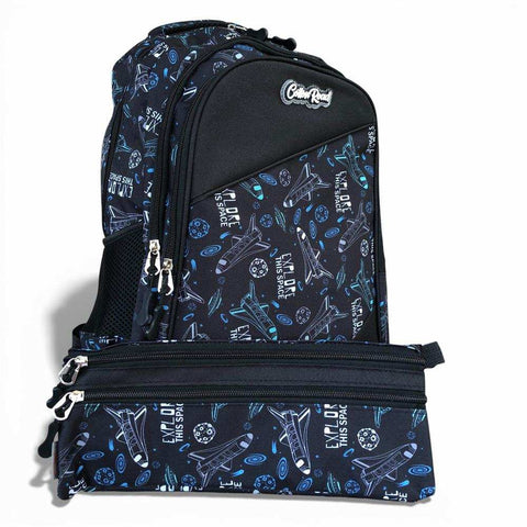 Cotton Road Backpack: BLACK Canvas Backpack and matching PENCIL CASE with SPACE Design