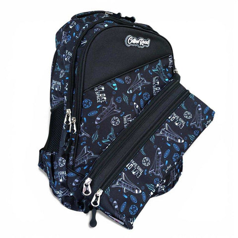 Cotton Road Backpack: BLACK Canvas Backpack and matching PENCIL CASE with SPACE Design