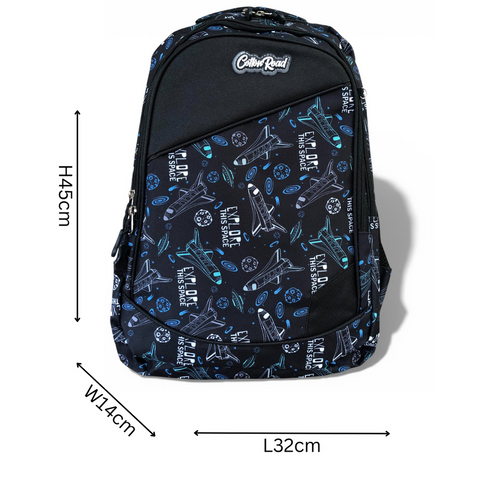 Cotton Road Backpack: BLACK Canvas Backpack and matching PENCIL CASE with SPACE Design