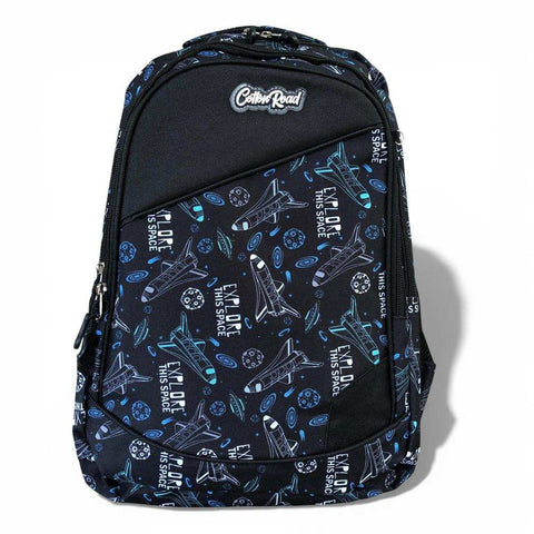 Cotton Road Backpack: BLACK Canvas Backpack and matching PENCIL CASE with SPACE Design