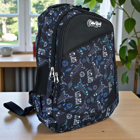 Cotton Road Backpack: BLACK Canvas Backpack and matching PENCIL CASE with SPACE Design