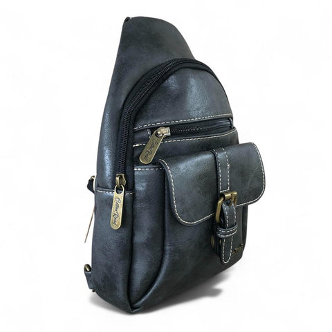 Cotton Road Backpack: BLACK PU Leather Cross Body Bag / Mini Backpack