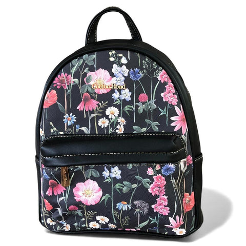 Cotton Road Backpack: BLACK PU Leather Mini Backpack with FLORAL Panel