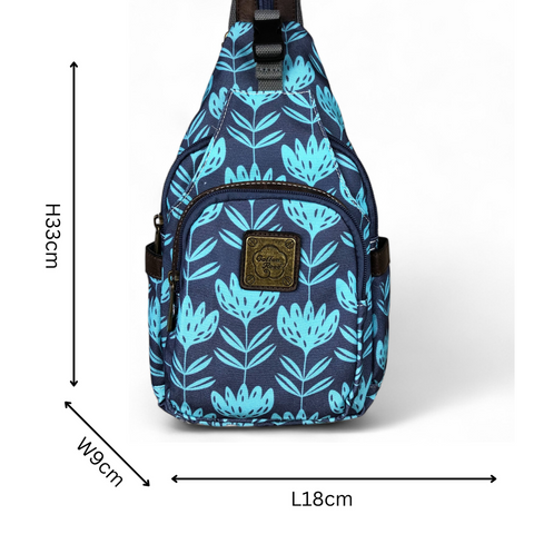 Cotton Road Backpack: BLUE CANVAS Cross Body Bag / Mini Backpack with PROTEAS