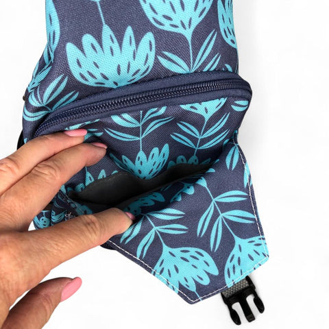 Cotton Road Backpack: BLUE CANVAS Cross Body Bag / Mini Backpack with PROTEAS