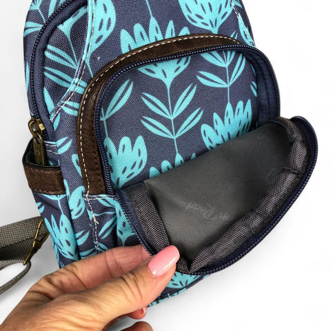 Cotton Road Backpack: BLUE CANVAS Cross Body Bag / Mini Backpack with PROTEAS