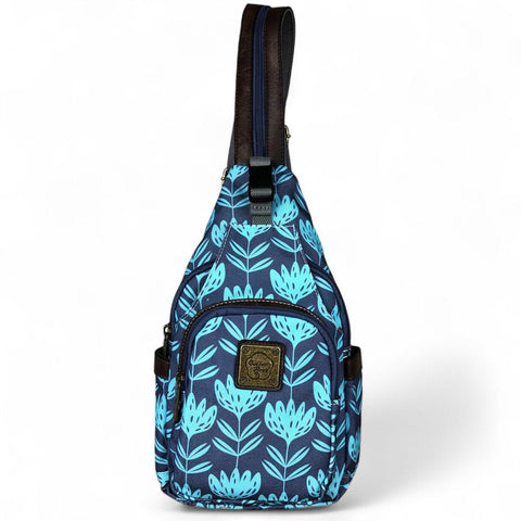 Cotton Road Backpack: BLUE CANVAS Cross Body Bag / Mini Backpack with PROTEAS