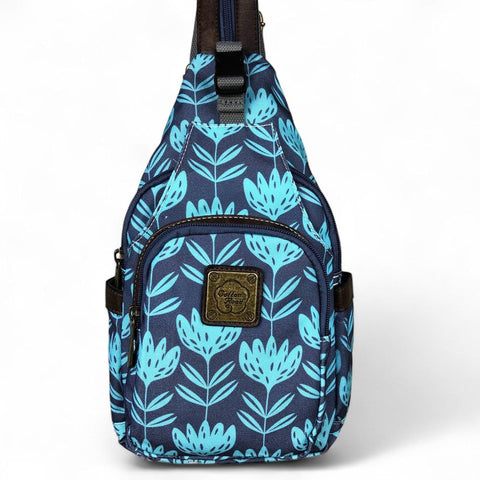Cotton Road Backpack: BLUE CANVAS Cross Body Bag / Mini Backpack with PROTEAS