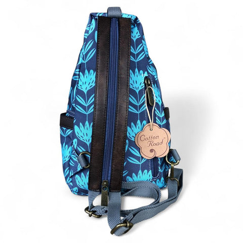 Cotton Road Backpack: BLUE CANVAS Cross Body Bag / Mini Backpack with PROTEAS