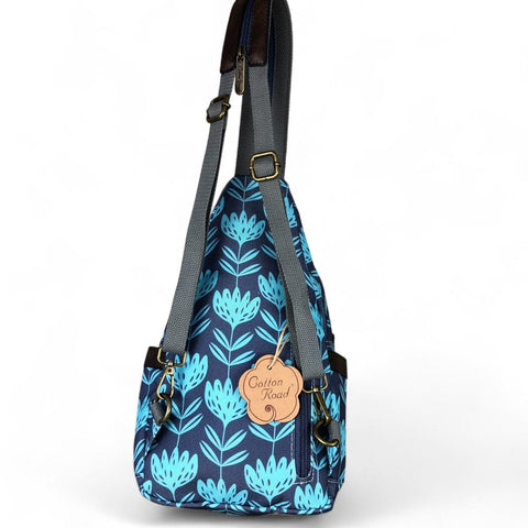 Cotton Road Backpack: BLUE CANVAS Cross Body Bag / Mini Backpack with PROTEAS