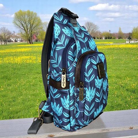 Cotton Road Backpack: BLUE CANVAS Cross Body Bag / Mini Backpack with PROTEAS