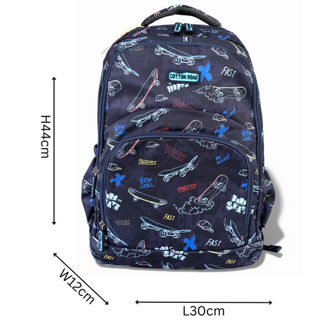 Cotton Road Backpack: BLUE Canvas Backpack with SKATEBOARD Design