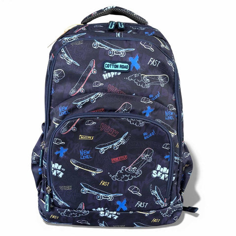Cotton Road Backpack: BLUE Canvas Backpack with SKATEBOARD Design