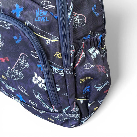 Cotton Road Backpack: BLUE Canvas Backpack with SKATEBOARD Design