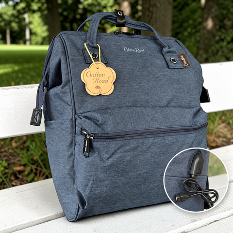 Cotton Road Backpack : BLUE Canvas USB Laptop Bag with Twin Handles