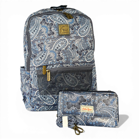 Cotton Road Backpack: BLUE PAISLEY Padded Canvas for 15'6" Laptop with Matching Sling Wallet