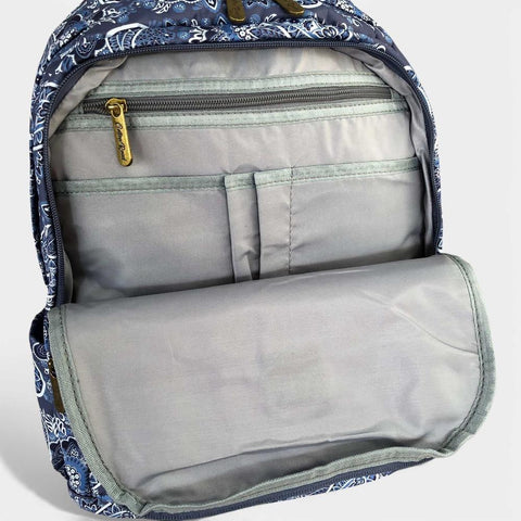 Cotton Road Backpack: BLUE PAISLEY Padded Canvas for 15'6" Laptop with Matching Sling Wallet
