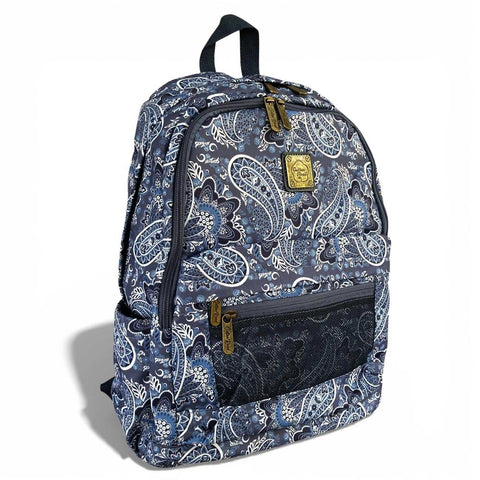 Cotton Road Backpack: BLUE PAISLEY Padded Canvas for 15'6" Laptop with Matching Sling Wallet