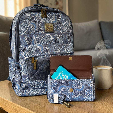 Cotton Road Backpack: BLUE PAISLEY Padded Canvas for 15'6" Laptop with Matching Sling Wallet