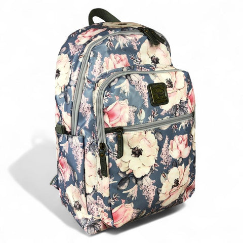 Cotton Road Backpack: BLUE PVC 15,6" Laptop Backpack with FLOWERS